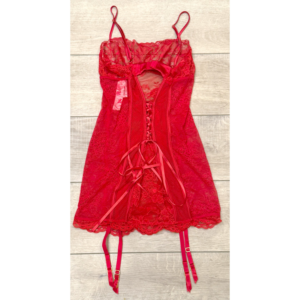 NEW VICTORIA'S SECRET RED MIXED SHEER & LACE MINI SLIP DRESS GARTERS SIZE SMALL - Picture 5 of 13